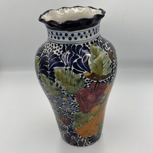 Talavera Mexican Pottery Vase 10" Fluted Rim Multicolor Fruit Floral Handpainted